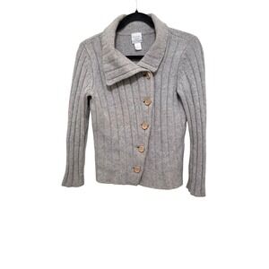 Garnet Hill Women's Gray Fisherman Cabled Button-Up Cardigan Sweater Size S 70%